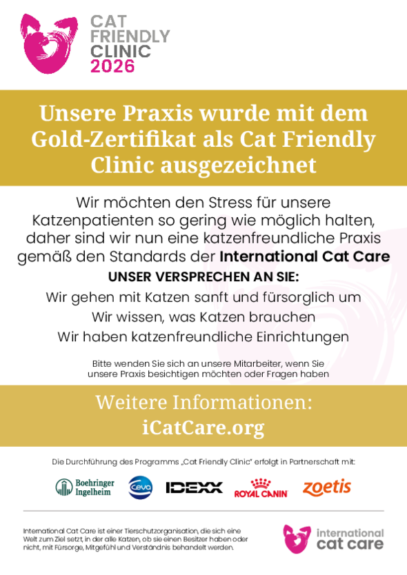 Dieses Zertifikat bestätigt, dass wir als Cat friendly Clinic Gold zertifiziert sind. 