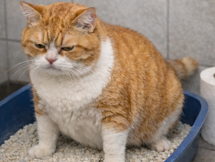 Auf diesem Bild sieht man eine rot-weiße Katze, die in einer Katzentoilette sitzt und vergeblich versucht, Urin abzusetzen.