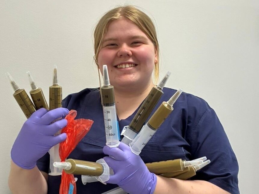 Dieses Bild zeigt unsere Tiermedizinische Fachangestellte Lena Zeisler. Sie hält mehrere große Spritzen in der Hand, die mit verdünntem Kot gefüllt sind. Sie kümmert sich federführend um unsere Kotbank.