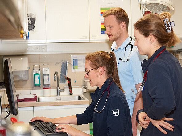 Hier sieht man zwei Tierärztinnen und einen Tierarzt im fachlichen Gespräch über einen Patienten. Sie schauen gemeinsam auf einen Computerbildschirm.